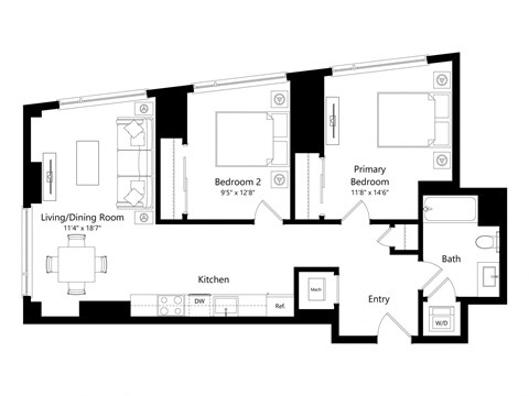 a floor plan of a unit with two bedrooms, a bathroom, and a living room/dining room.